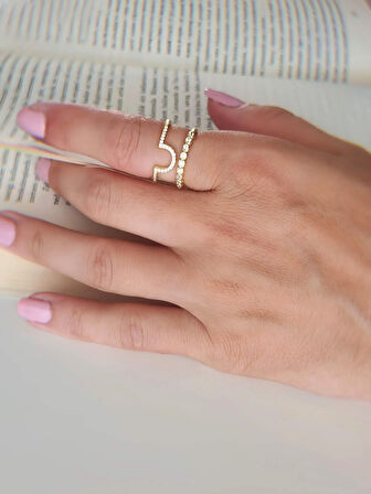 Oval İki Sıralı Taşlı Model Ayarlanabilir Gold Altın Renkli Yüzük