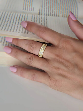 Üç Taşlı Model Ayarlanabilir Gold Altın Renkli Yüzük