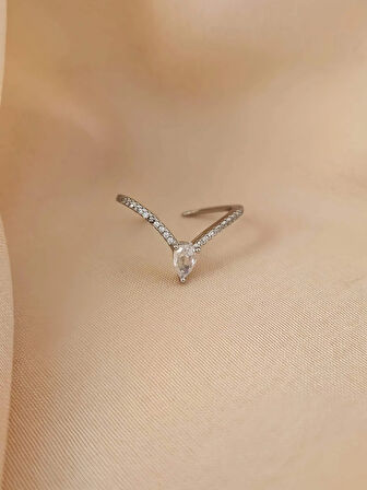 V Model Damla Zirkon Taşlı Ayarlanabilir Silver Gümüş Renkli Yüzük