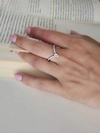V Model Damla Zirkon Taşlı Ayarlanabilir Silver Gümüş Renkli Yüzük