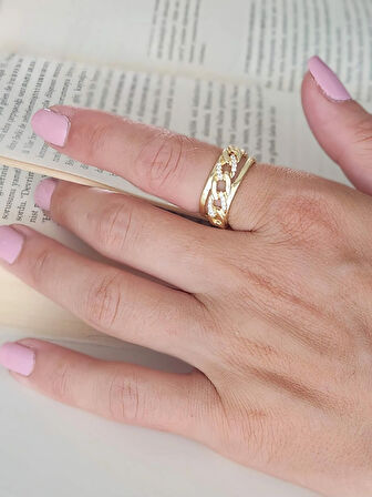 Gurmet Zincir Model Zirkon Taşlı Ayarlanabilir Gold Altın Renkli Yüzük
