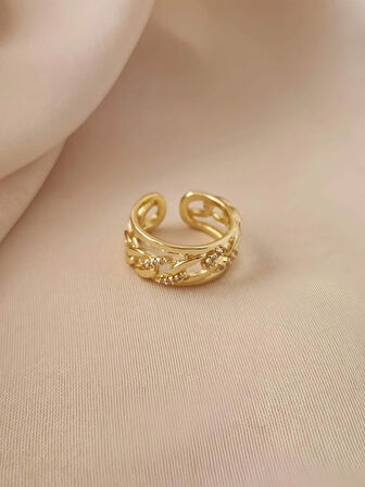Gurmet Zincir Model Zirkon Taşlı Ayarlanabilir Gold Altın Renkli Yüzük