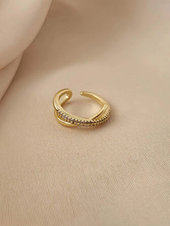 Çapraz X Model Zirkon Taşlı Ayarlanabilir Gold Altın Renkli Yüzük