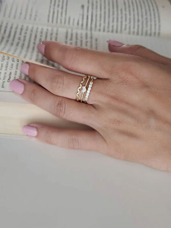 Üç 3 Sıralı Kalp Model Zirkon Taşlı Ayarlanabilir Gold Altın Renkli Yüzük