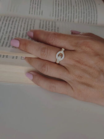 Kilit Kalp Model Zirkon Taşlı Ayarlanabilir Gold Altın Renkli Yüzük