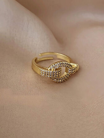 Kilit Kalp Model Zirkon Taşlı Ayarlanabilir Gold Altın Renkli Yüzük
