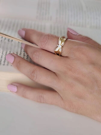 Kelebek Model Zirkon Taşlı Ayarlanabilir Gold Altın Renkli Yüzük