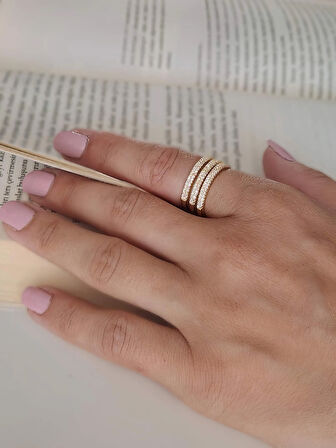 Üçlü Zirkon Model Zirkon Taşlı Ayarlanabilir Gold Altın Renkli Yüzük