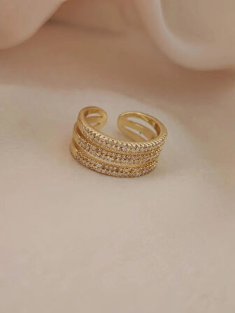 Üçlü Zirkon Model Zirkon Taşlı Ayarlanabilir Gold Altın Renkli Yüzük