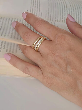 Çoklu 3'lü Model Zirkon Taşlı Silver Gold Renkli Yüzük