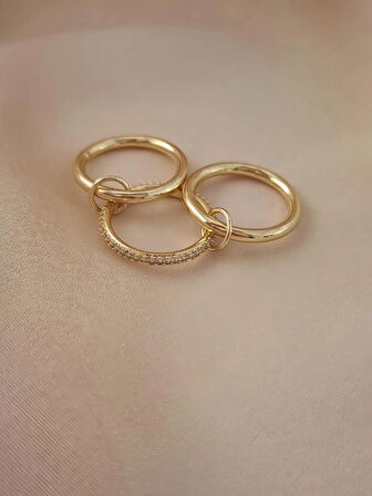 Çoklu 3'lü Model Zirkon Taşlı Silver Gold Renkli Yüzük