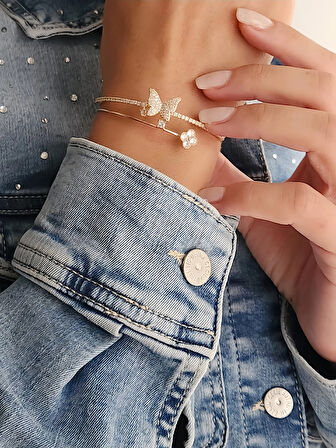 Kelebek Yonca Şans İki Sıralı Model Gold Renk Çelik Ayarlanabilir Bileklik Kelepçe