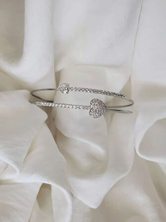 Kalp Damla İki Sıralı Model Silver Renk Çelik Ayarlanabilir Bileklik Kelepçe