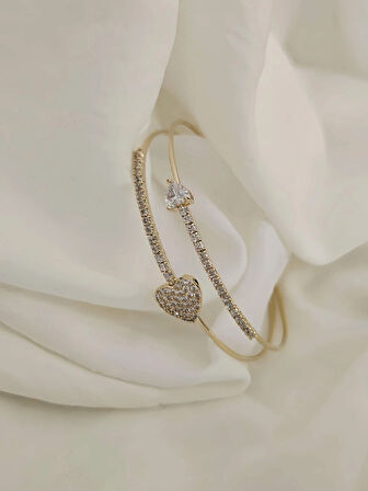 Kalp Damla İki Sıralı Model Gold Renk Çelik Ayarlanabilir Bileklik Kelepçe