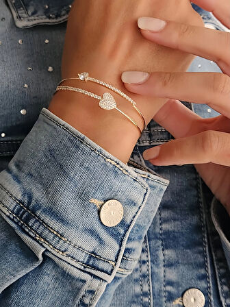 Kalp Damla İki Sıralı Model Gold Renk Çelik Ayarlanabilir Bileklik Kelepçe