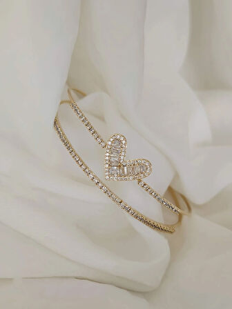 Kalp İki Sıralı Model Gold Renk Çelik Ayarlanabilir Bileklik Kelepçe