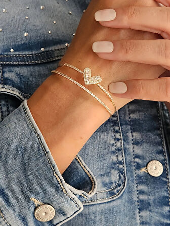 Kalp İki Sıralı Model Gold Renk Çelik Ayarlanabilir Bileklik Kelepçe