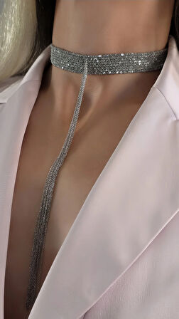 8 Sıralı Zincir Dokuma Sallantılı Vücut Tasma Choker Silver Gümüş Renk El Yapımı Kolye