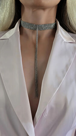 8 Sıralı Zincir Dokuma Sallantılı Vücut Tasma Choker Silver Gümüş Renk El Yapımı Kolye
