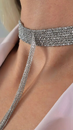8 Sıralı Zincir Dokuma Sallantılı Vücut Tasma Choker Silver Gümüş Renk El Yapımı Kolye