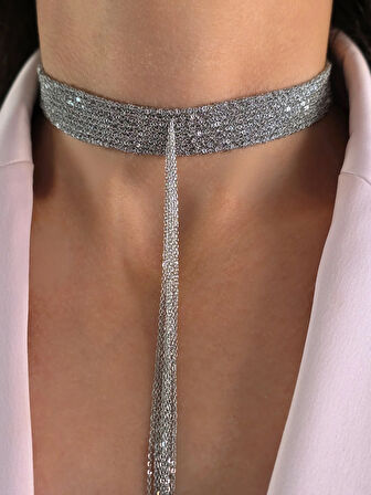 8 Sıralı Zincir Dokuma Sallantılı Vücut Tasma Choker Silver Gümüş Renk El Yapımı Kolye