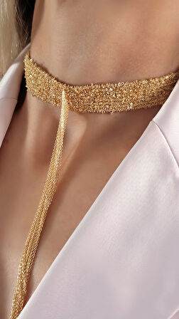 8 Sıralı Zincir Dokuma Sallantılı Vücut Tasma Choker Gold Renk El Yapımı Kolye