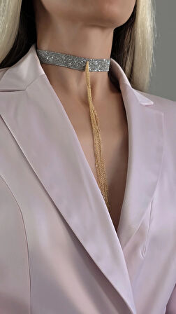 8 Sıralı Zincir Dokuma Sallantılı Vücut Tasma Choker Gümüş Gold Renk El Yapımı Kolye