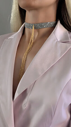 8 Sıralı Zincir Dokuma Sallantılı Vücut Tasma Choker Gümüş Gold Renk El Yapımı Kolye