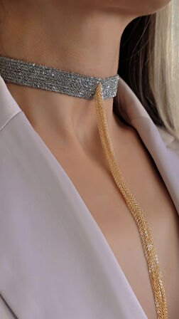8 Sıralı Zincir Dokuma Sallantılı Vücut Tasma Choker Gümüş Gold Renk El Yapımı Kolye