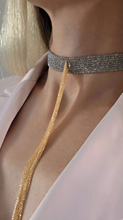 8 Sıralı Zincir Dokuma Sallantılı Vücut Tasma Choker Gümüş Gold Renk El Yapımı Kolye
