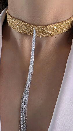 8 Sıralı Zincir Dokuma Sallantılı Vücut Tasma Choker  Gold Gümüş Renk El Yapımı Kolye