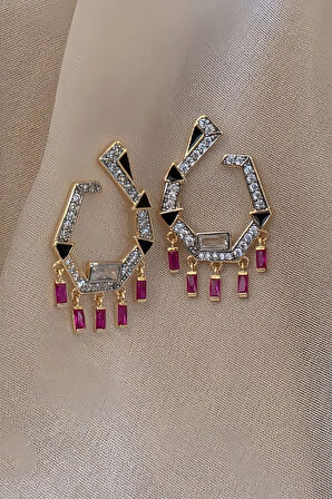 Triangle Pembe Sallantılı Siyah Mineli Köşeli Küpe