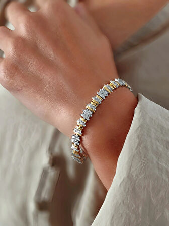 Zikzak Ritim Rhythm Baget Taşlı Silver Gold Renkli Çelik Bileklik