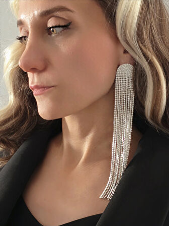 Uzun Sallantılı Tekli Beyoğlu Taşı Abiye Gold Renk Küpe