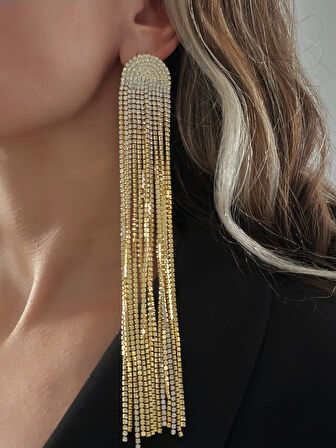 Uzun Sallantılı Tekli Beyoğlu Taşı Abiye Gümüş Renk Küpe