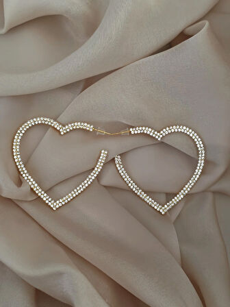 Büyük Kalp Model Beyoğlu Taşlı Abiye Gold Renk Küpe