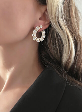 Çiçek Model Zirkon Taşlı Abiye Gold Renk Küpe