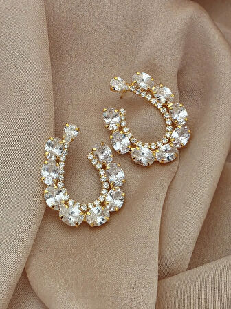 Çiçek Model Zirkon Taşlı Abiye Gold Renk Küpe