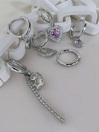 6'lı Kalp Yonca Yıldız Pembe Taş Silver Renk Küpe Seti