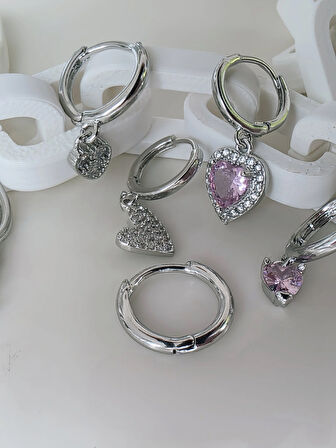 6'lı Kalp Yonca Yıldız Pembe Taş Silver Renk Küpe Seti