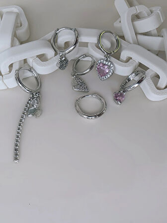 6'lı Kalp Yonca Yıldız Pembe Taş Silver Renk Küpe Seti