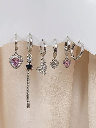 6'lı Kalp Yonca Yıldız Pembe Taş Silver Renk Küpe Seti