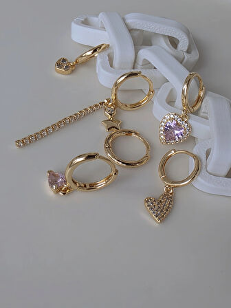 6'lı Kalp Yonca Yıldız Pembe Taş Gold Renk Küpe Seti