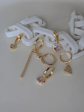 6'lı Kalp Yonca Yıldız Pembe Taş Gold Renk Küpe Seti