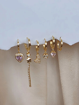 6'lı Kalp Yonca Yıldız Pembe Taş Gold Renk Küpe Seti