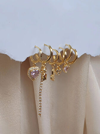 6'lı Kalp Yonca Yıldız Pembe Taş Gold Renk Küpe Seti