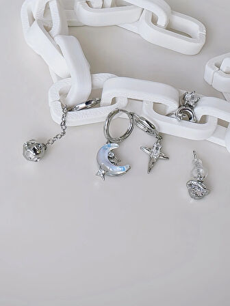 6'lı Ay Top Gezegen Yıldız Figürlü Silver Renk Küpe Seti