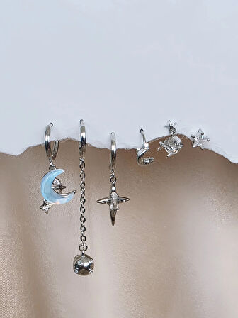 6'lı Ay Top Gezegen Yıldız Figürlü Silver Renk Küpe Seti