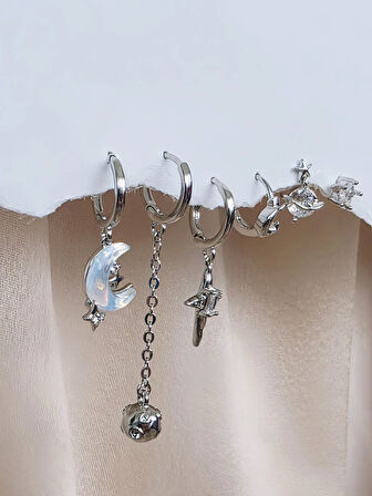 6'lı Ay Top Gezegen Yıldız Figürlü Silver Renk Küpe Seti