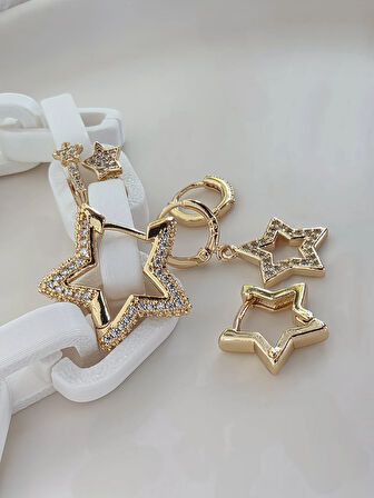 6'lı Yıldız Figürlü Zirkon Taşlı Gold Renk Küpe Seti